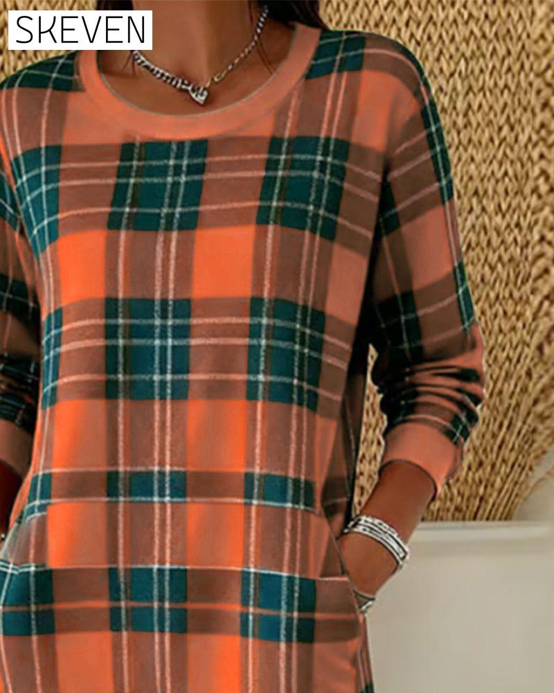 Long-Sleeved Plaid Sweatshirt Dress