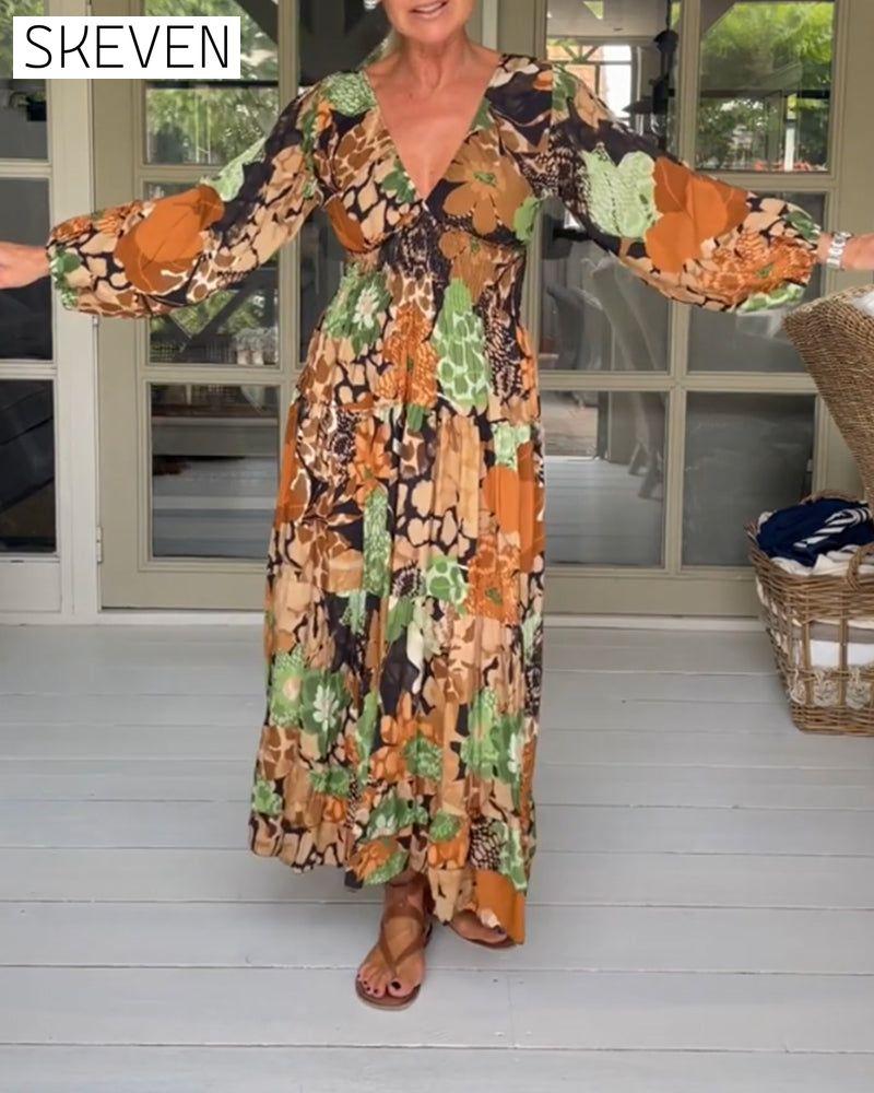 V neck long sleeve print dress