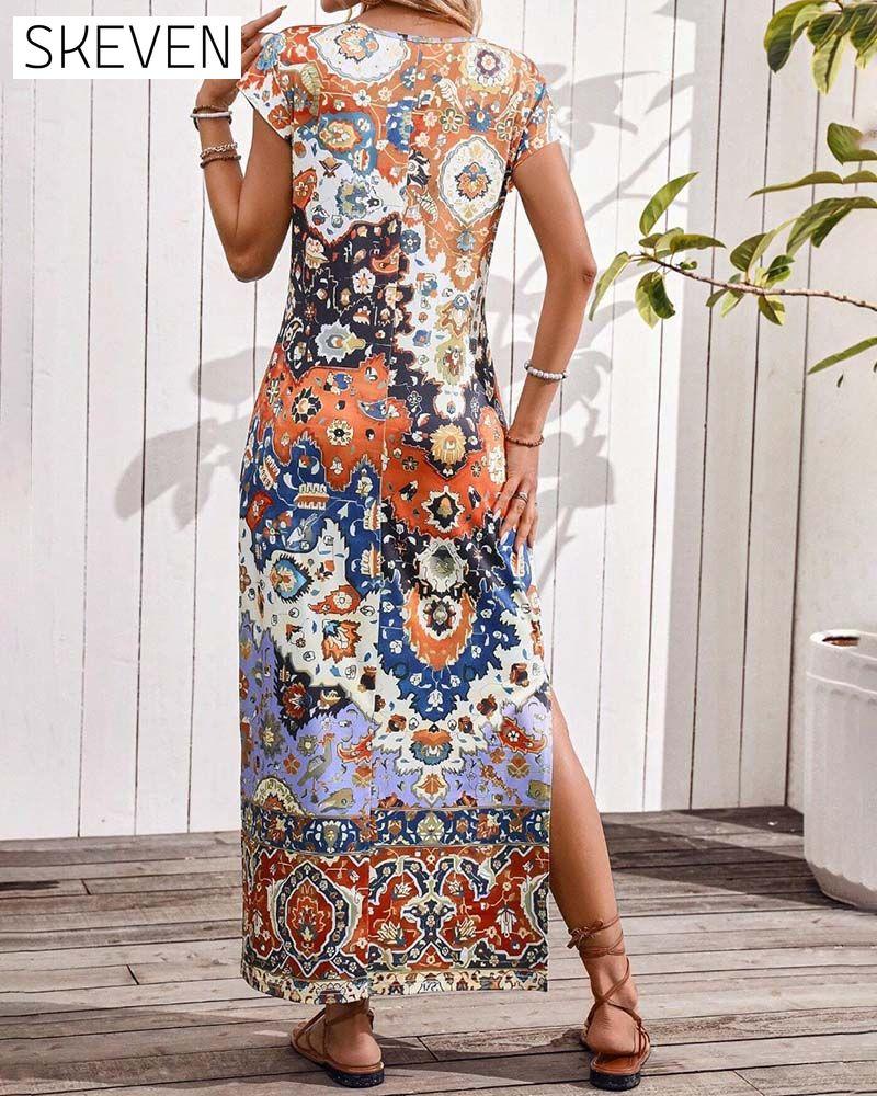 Robe décontractée imprimée colorée avec fentes