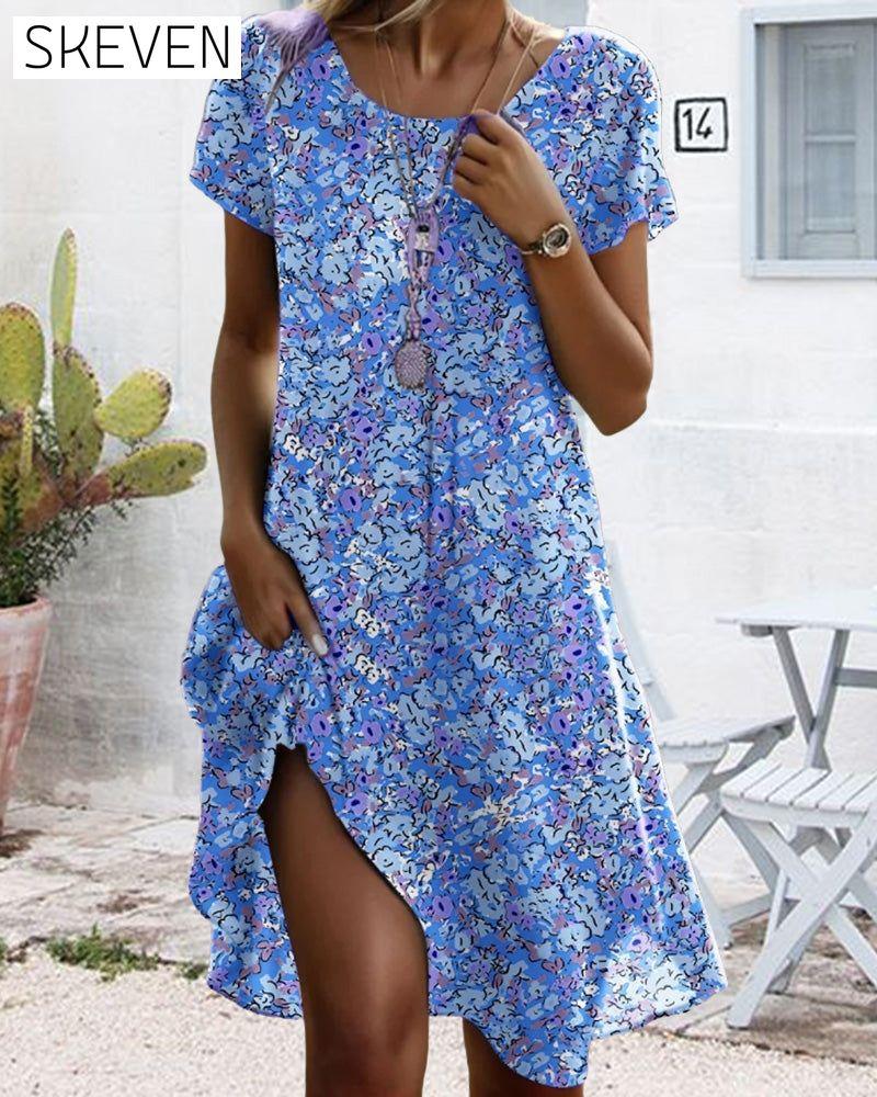 Kleid mit Rundhalsausschnitt, kurzen Ärmeln und Blumenmuster