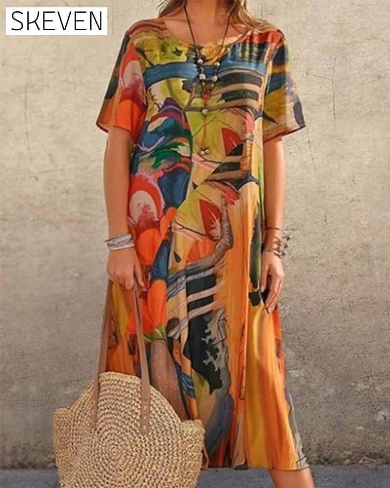 Round Neck Shift Dress in Geometric Print Yellow 23BF Casual Dresses Clothes Dresses Spring Summer