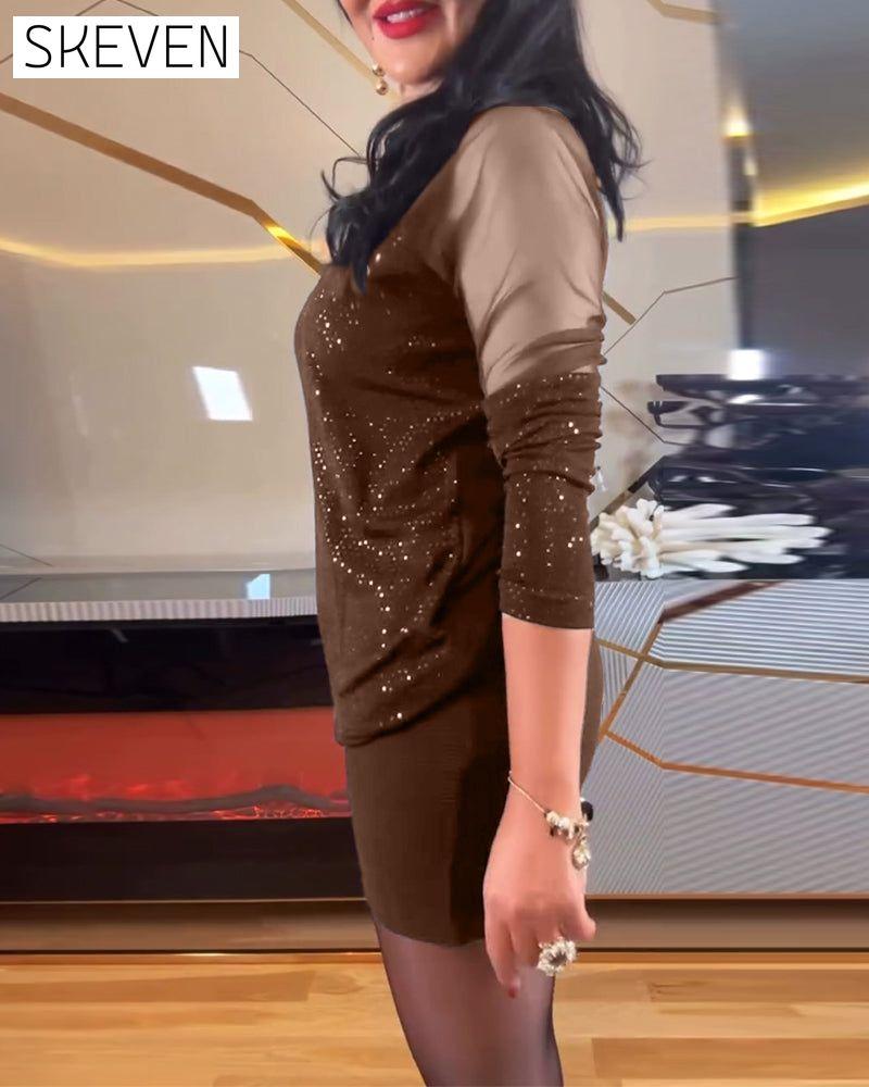 Sexy Paillettenoberteil mit V-Ausschnitt aus Mesh und Unifarbe
