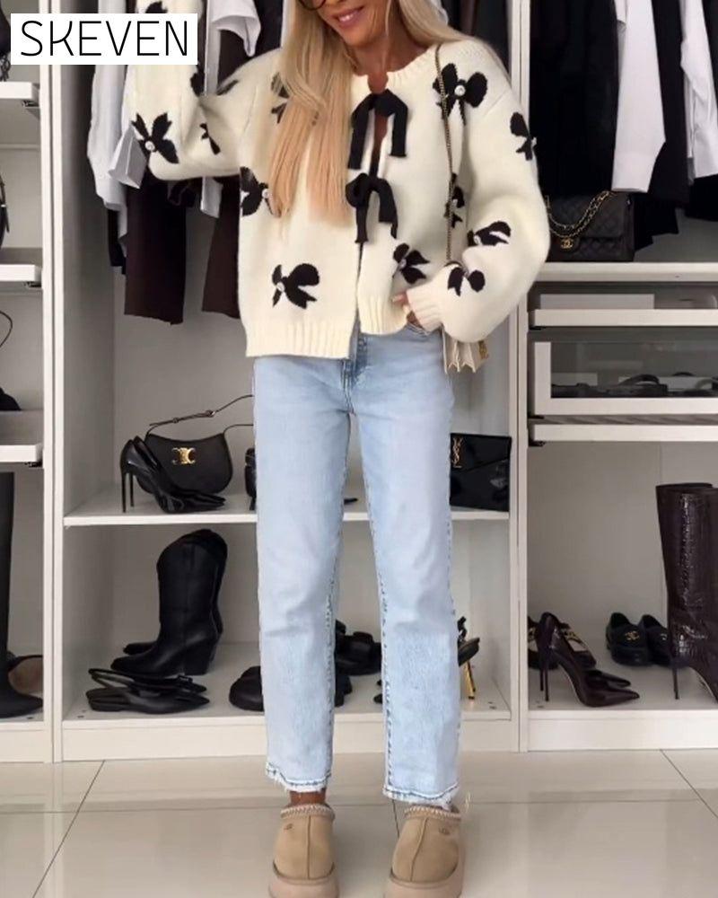 Bow beaded lace-up cardigan