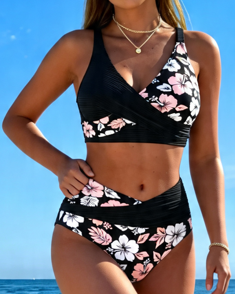 Crisscross Ribbed Floral Bikini