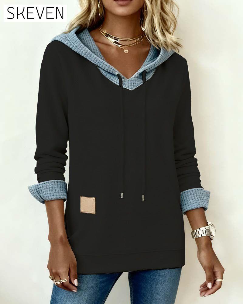 Casual Hooded Waffle-Paneled Sweatshirt
