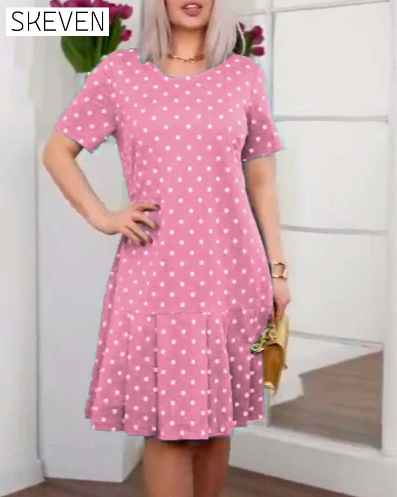 Polka dot print short sleeve casual dress Pink casual dresses summer