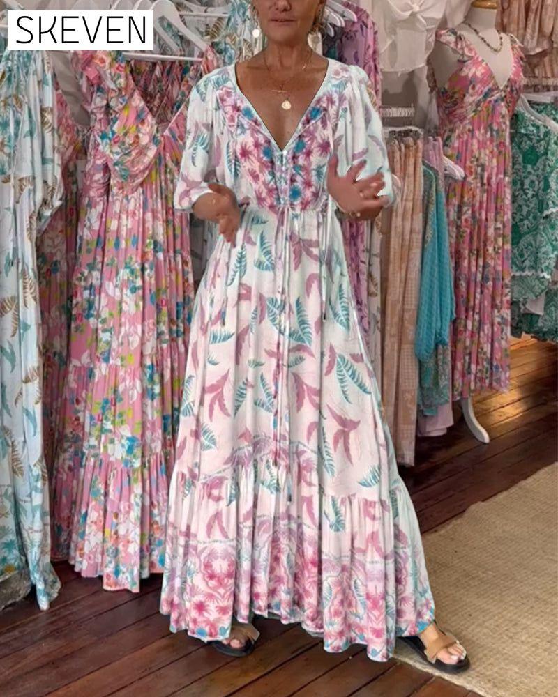 Maxikleid mit V-Ausschnitt und Blätterprint für Damen