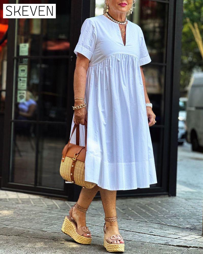 Patchwork short-sleeved solid color pleated dress