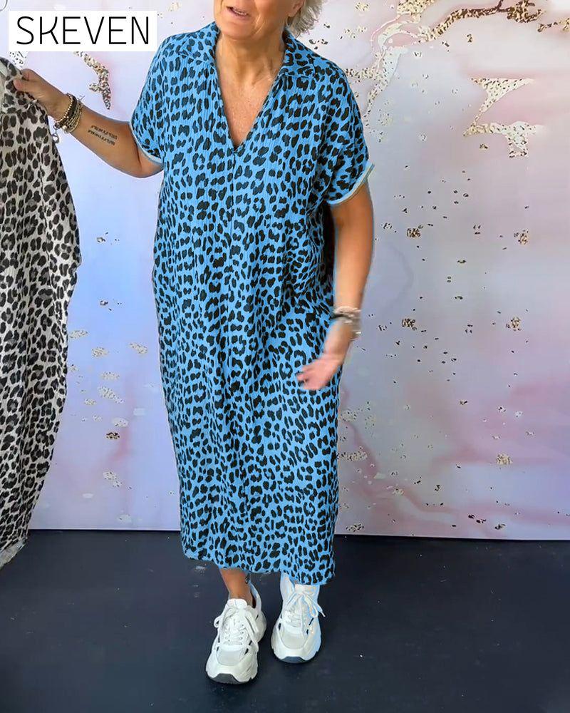 Leopardenmusterkleid mit V-Ausschnitt und kurzen Ärmeln 