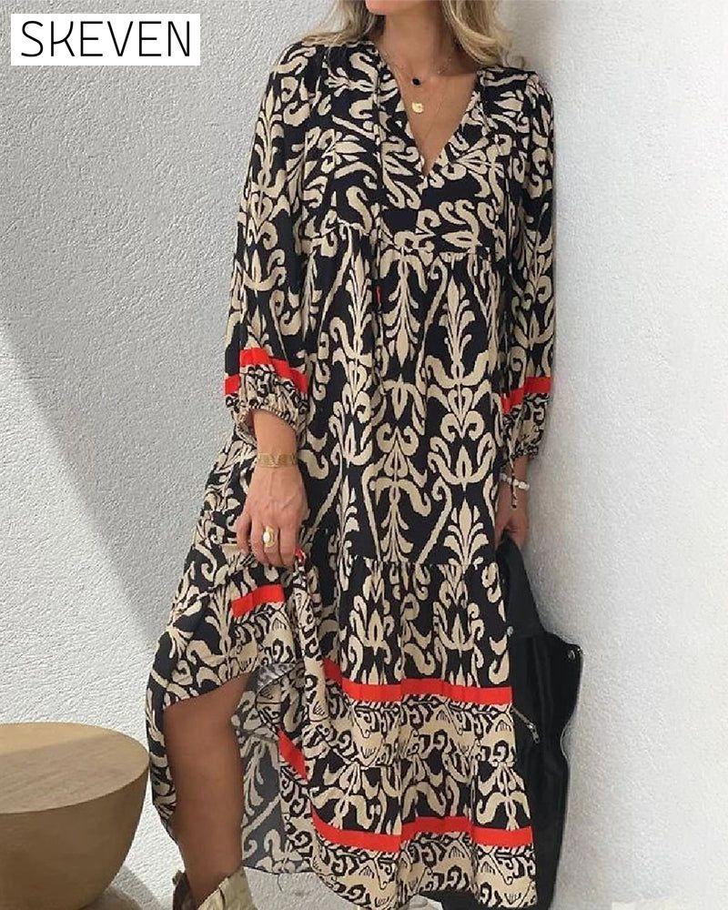 Printed v-neck long-sleeved dress 23BF Casual Dresses Clothes Dresses Spring Summer