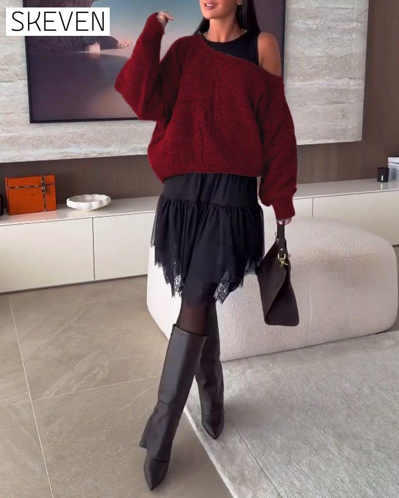 Robe pull ample à épaules dénudées et ourlet en dentelle