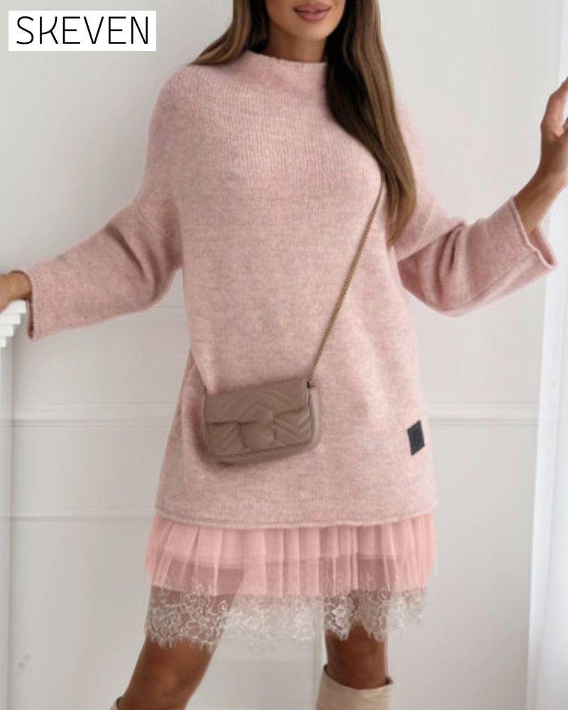 Ensemble robe pull en maille à col montant uni décontracté