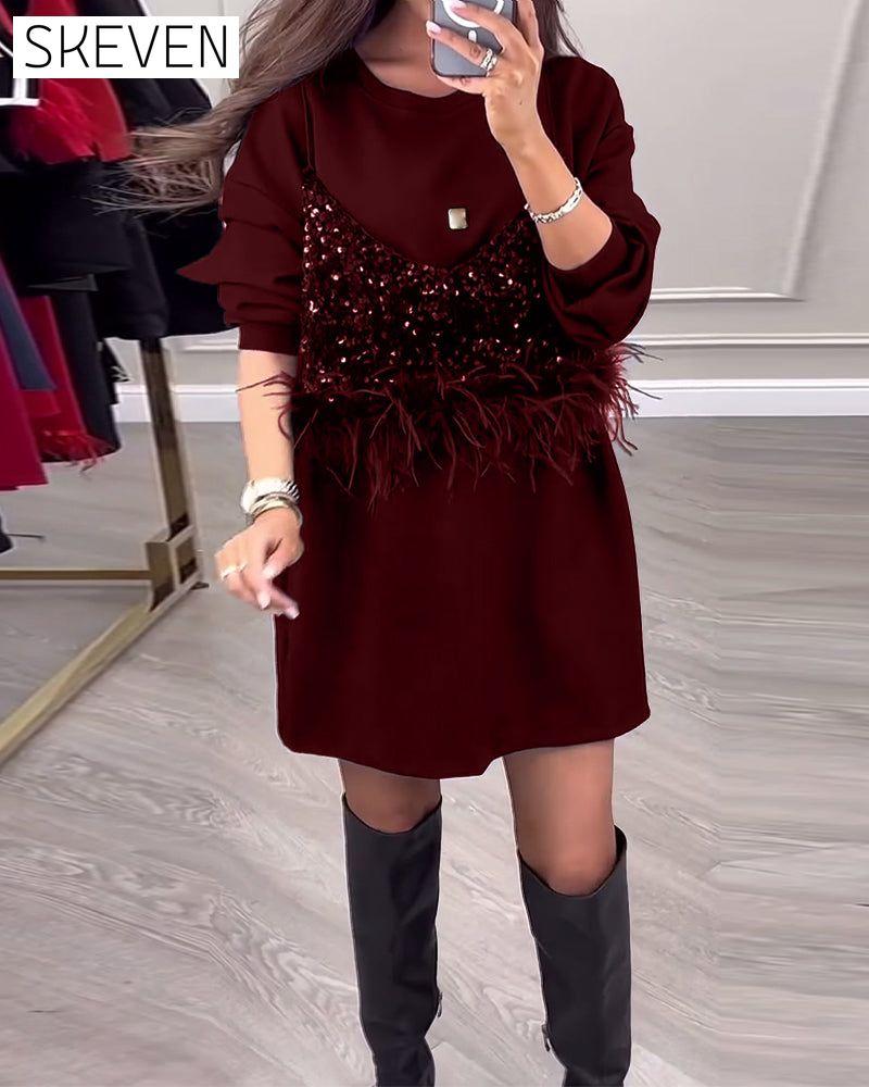Fashion solid color sequin feather patchwork dress