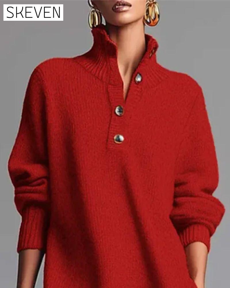 Solid Color Button High Neck Dress