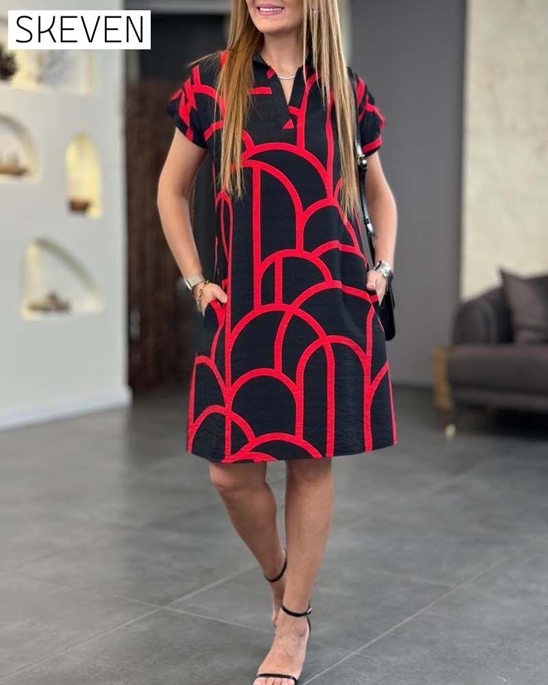 Lapel line printed short-sleeved midi dress
