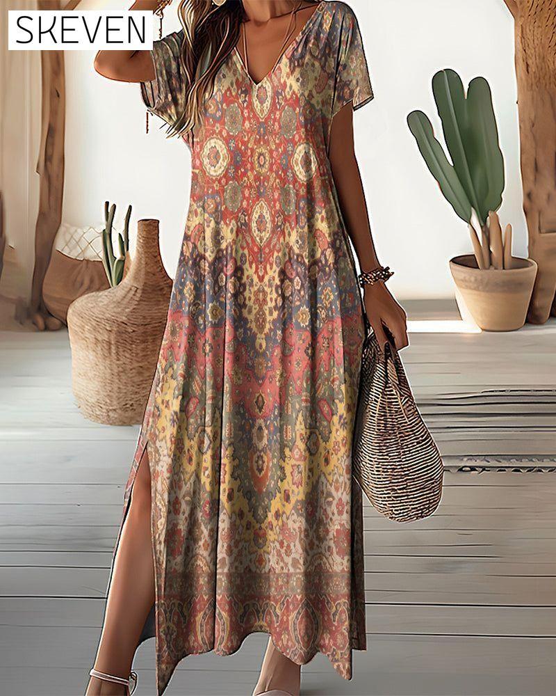 V-neck printed slit dress Yellow 23BF Casual Dresses Clothes Dresses SALE Spring Summer