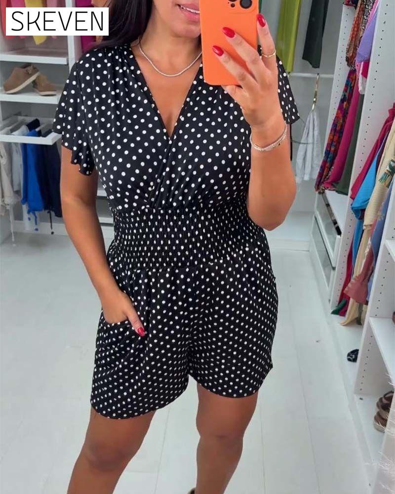 Lässiger Jumpsuit mit V-Ausschnitt, kurzen Ärmeln und Polka-Dot-Print