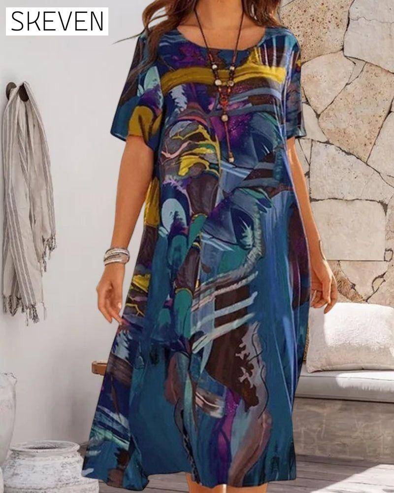 Round Neck Shift Dress in Geometric Print 23BF Casual Dresses Clothes Dresses Spring Summer