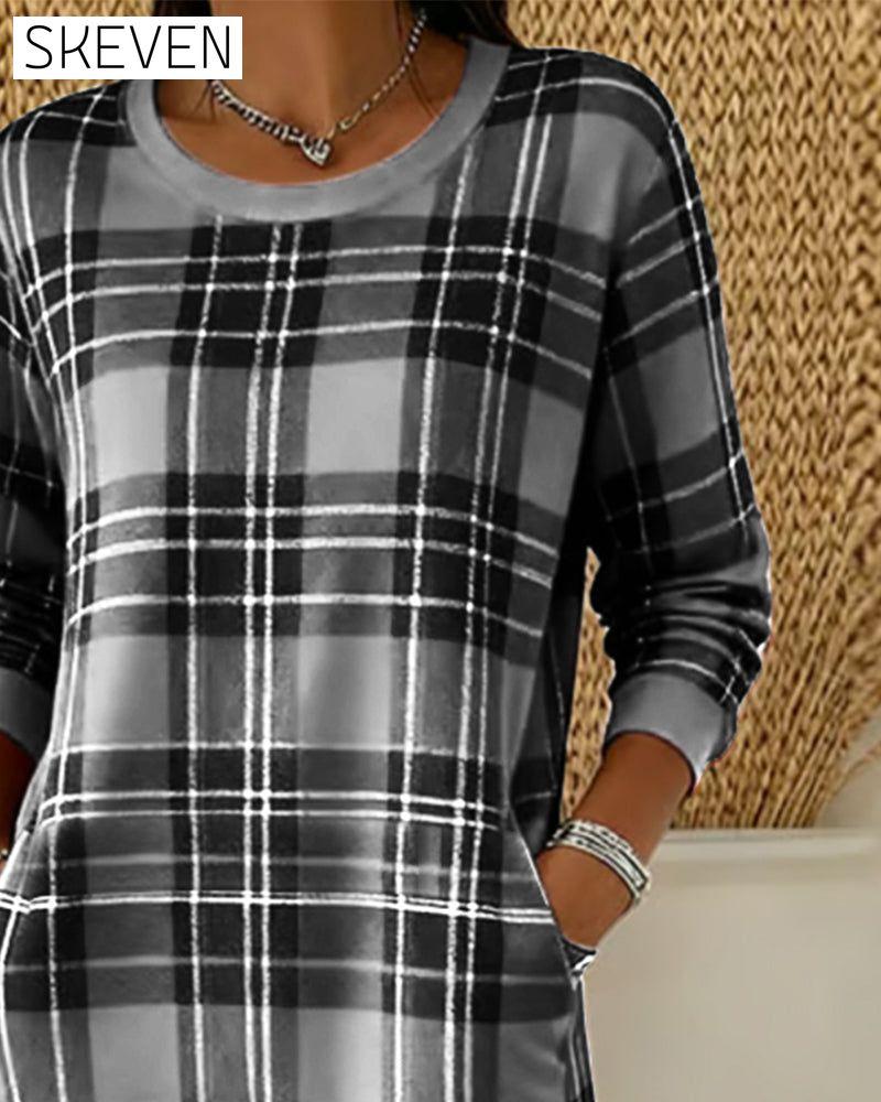 Long-Sleeved Plaid Sweatshirt Dress