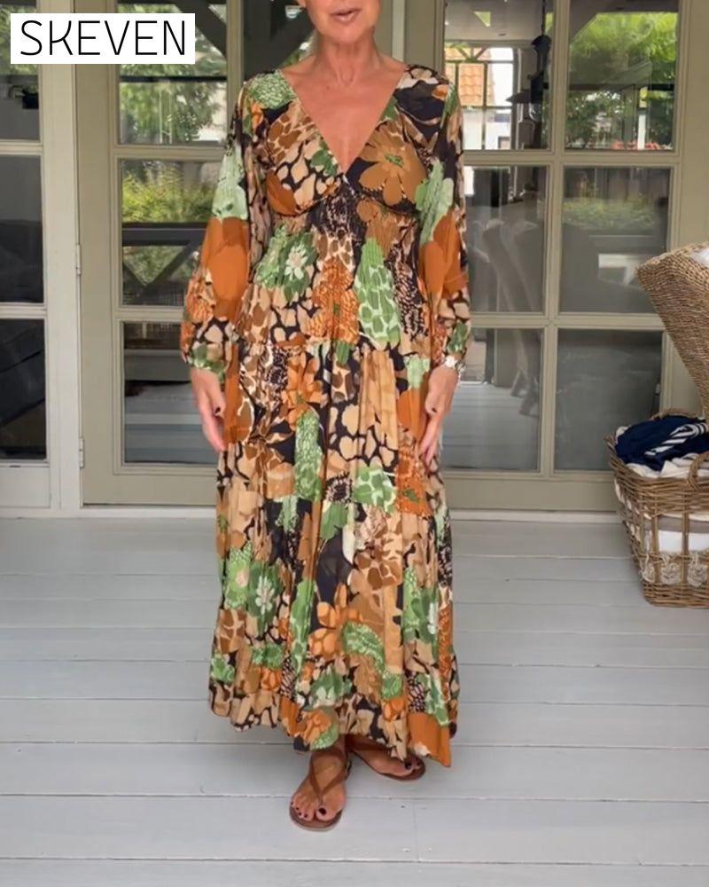 V neck long sleeve print dress