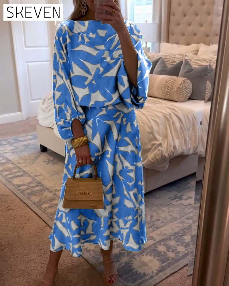 Temperament Printed Lantern Sleeves Casual Dress Set