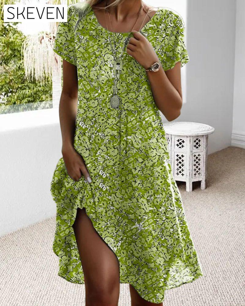 Kleid mit Rundhalsausschnitt, kurzen Ärmeln und Blumenmuster