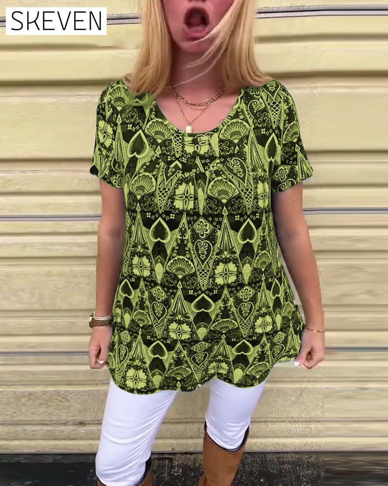 Casual Retro Crew Neck Printed T-Shirt