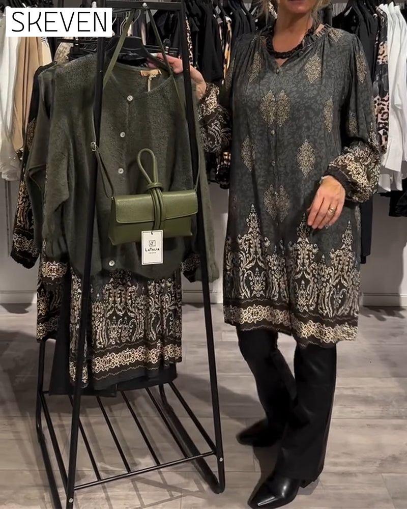 robe vintage imprimée à revers et boutons