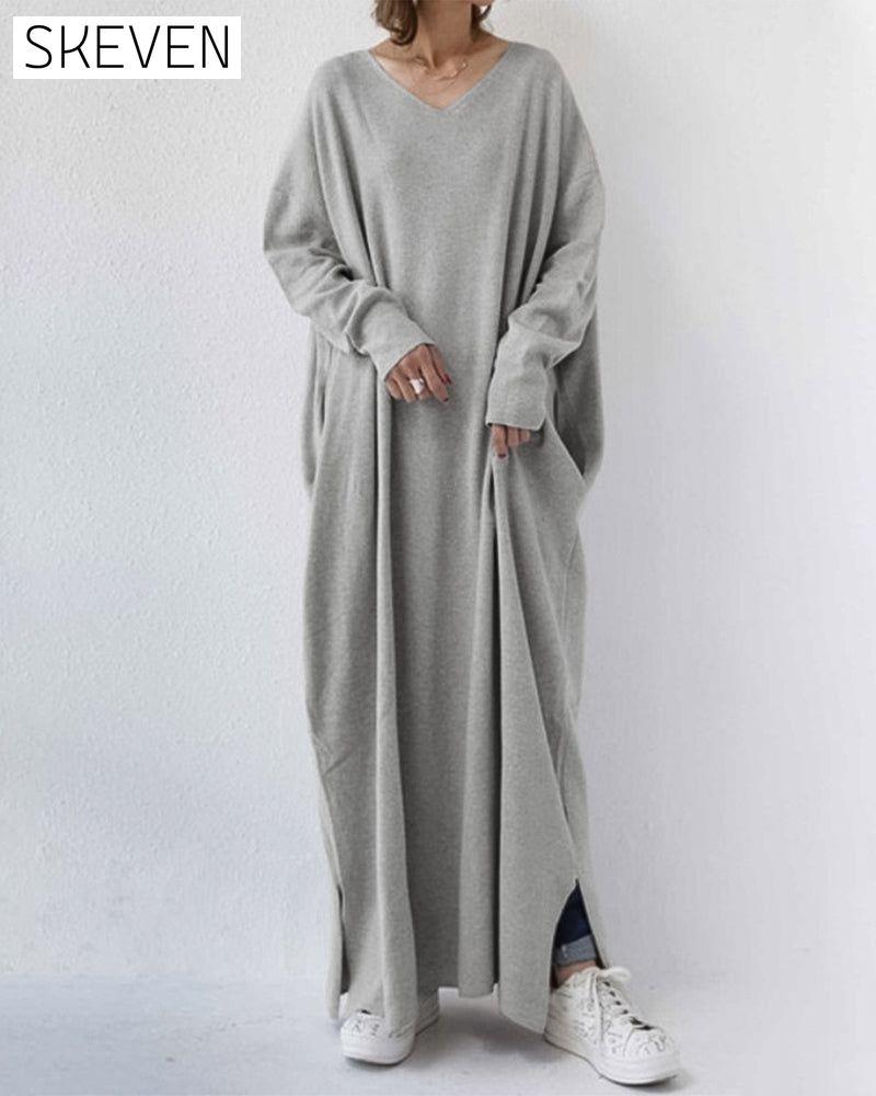 robe trapèze à manches longues et col en V