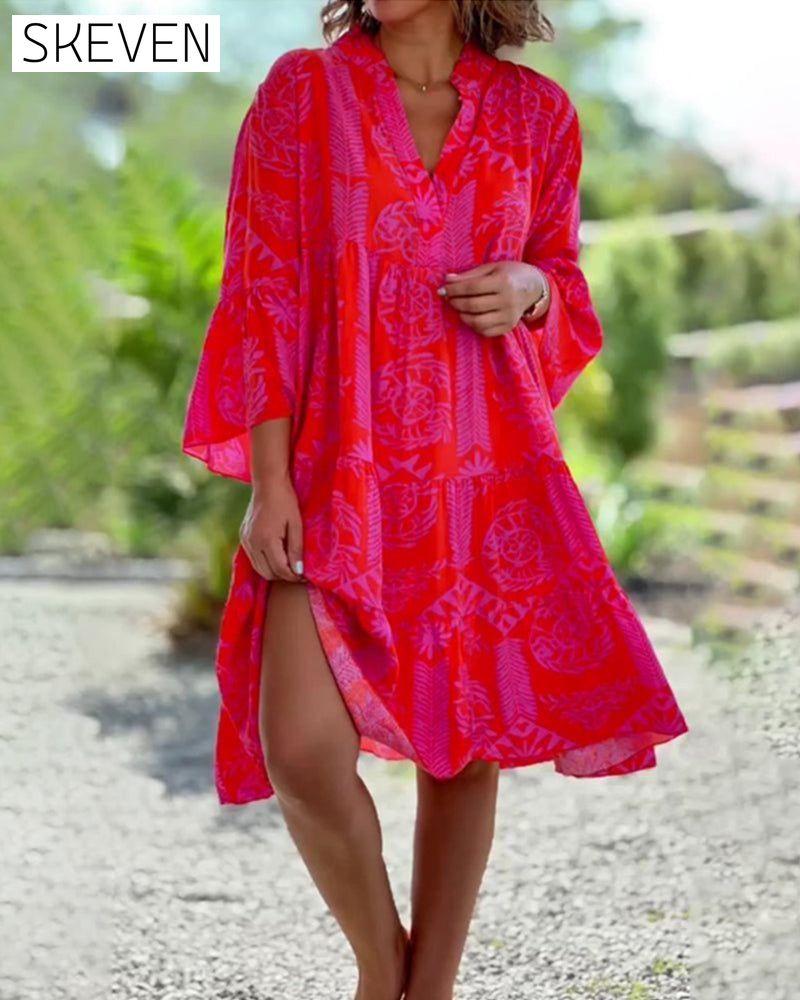 Boho Geometric Print 3/4 Sleeve Dress Red 23BF Casual Dresses Clothes Dresses Spring Summer
