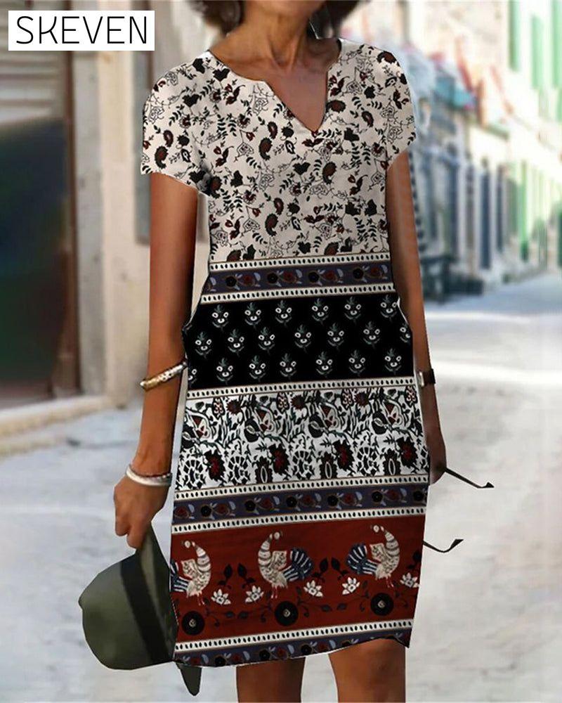 Color block print v-neck dress