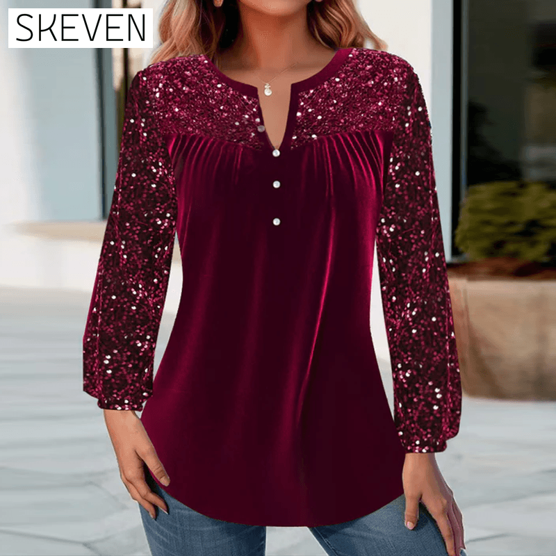 V-neck pleated sequined elegant top