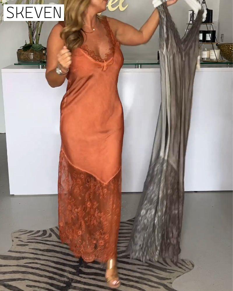 Solid color lace suspender dress