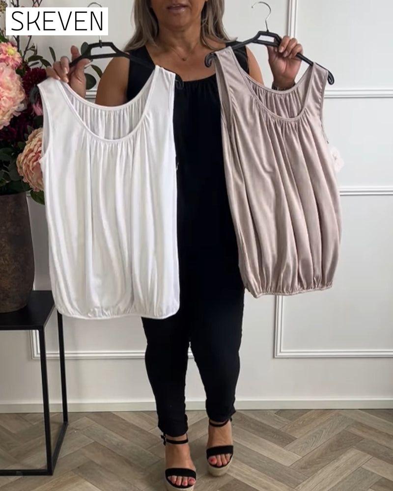 Ärmelloses, einfarbiges, plissiertes Tanktop