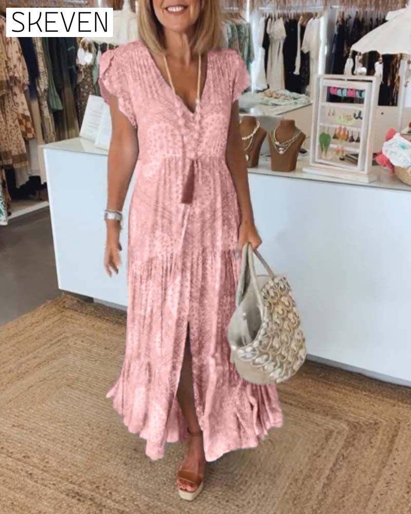 Vacation print V-neck split sleeve dress