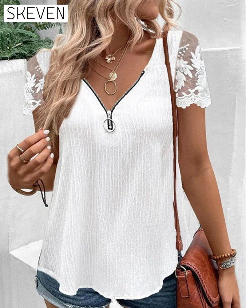 Casual zipper lace short sleeves