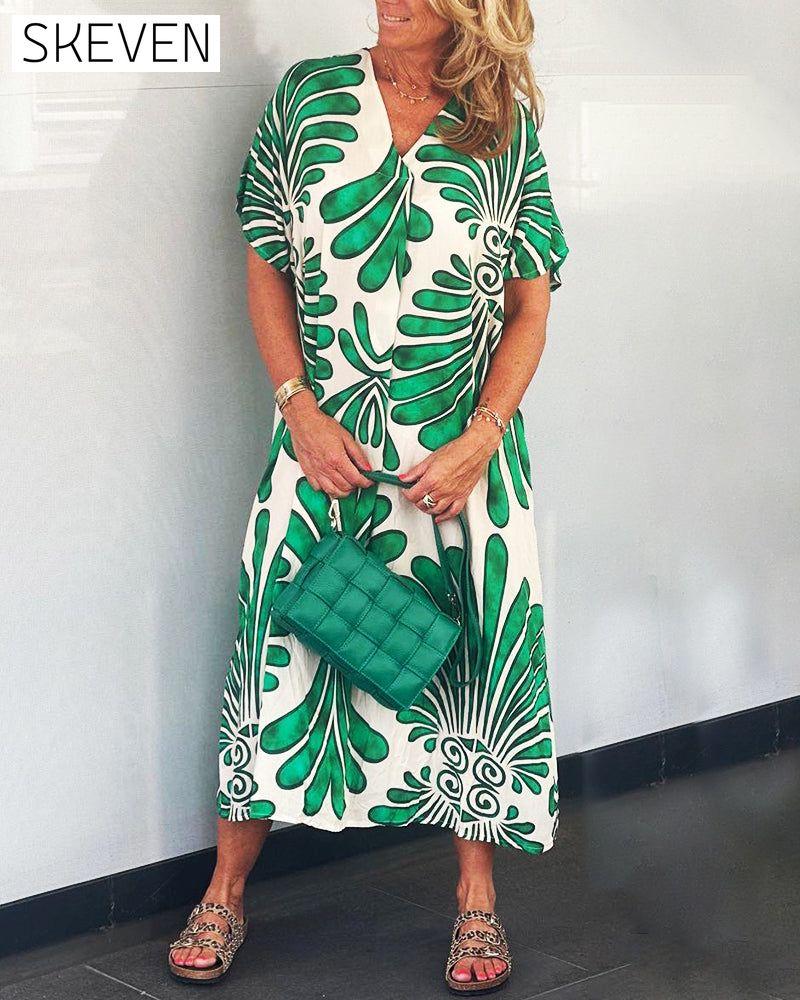 robe à col en V imprimée de feuilles