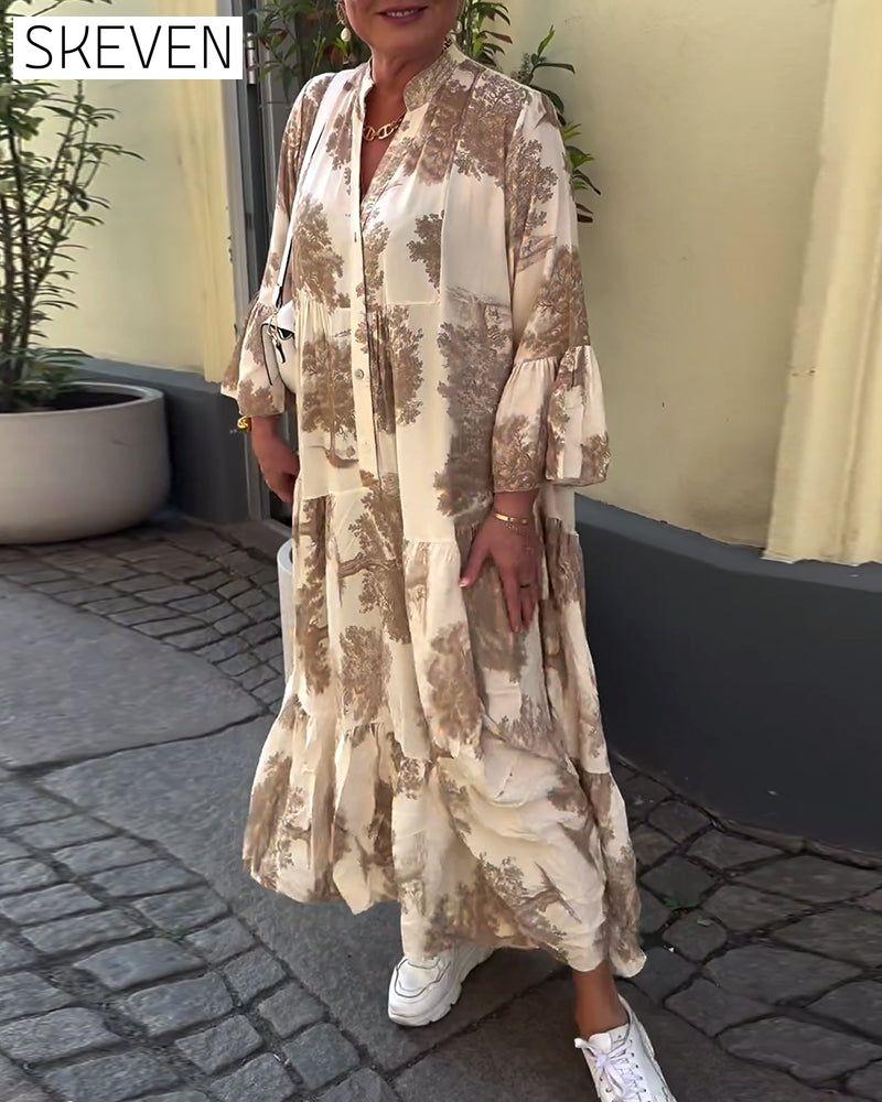 Loose printed V-neck bell sleeve patchwork dress