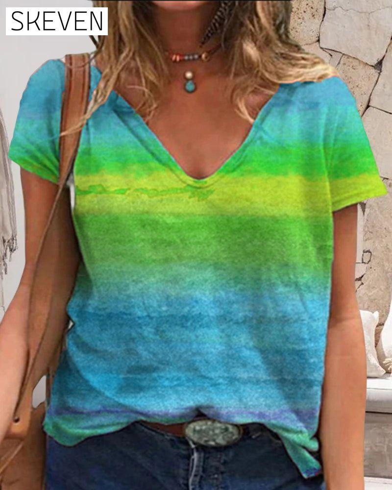 T-shirt décontracté à col en V et manches courtes imprimé arc-en-ciel