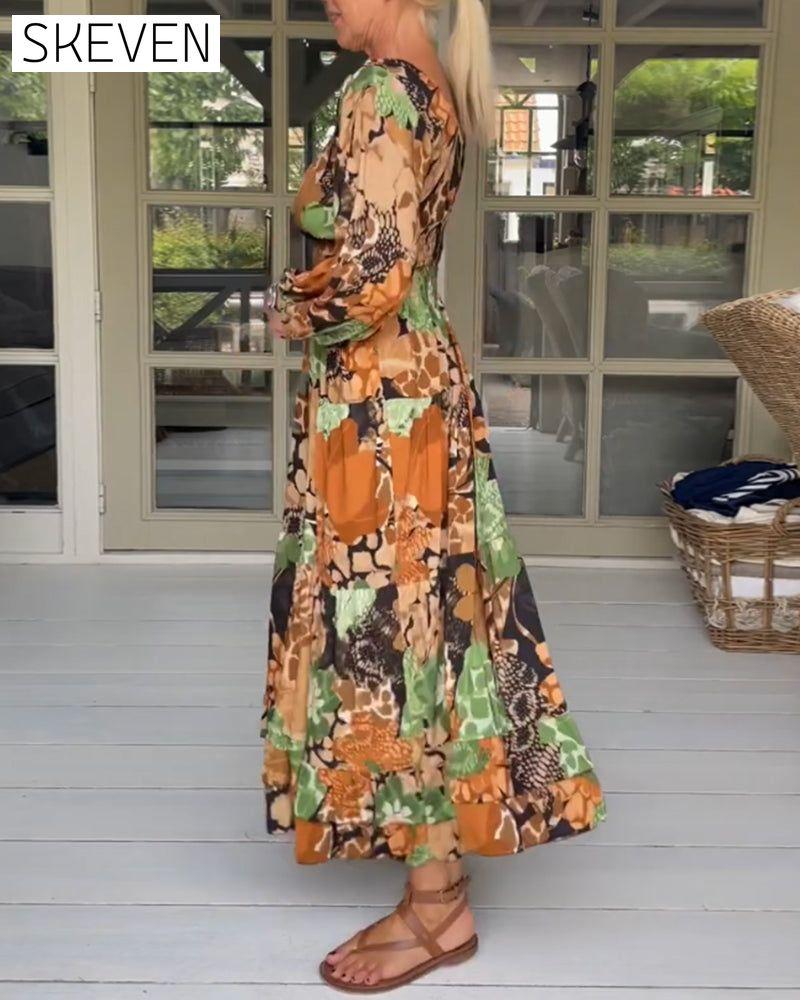 V neck long sleeve print dress