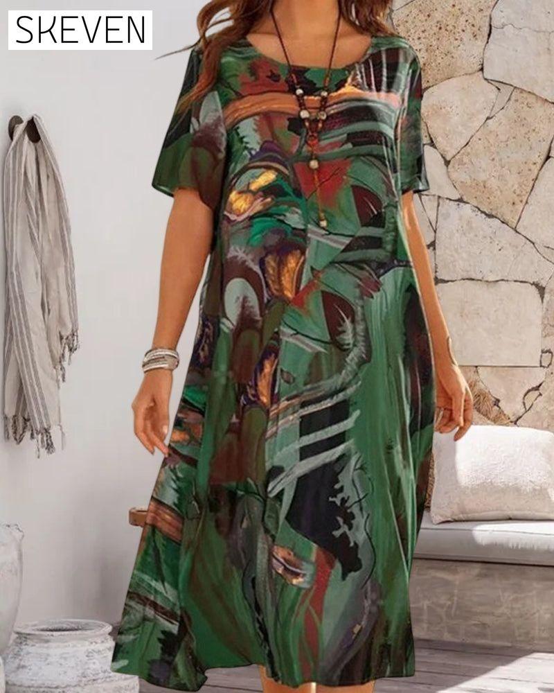 Round Neck Shift Dress in Geometric Print 23BF Casual Dresses Clothes Dresses Spring Summer