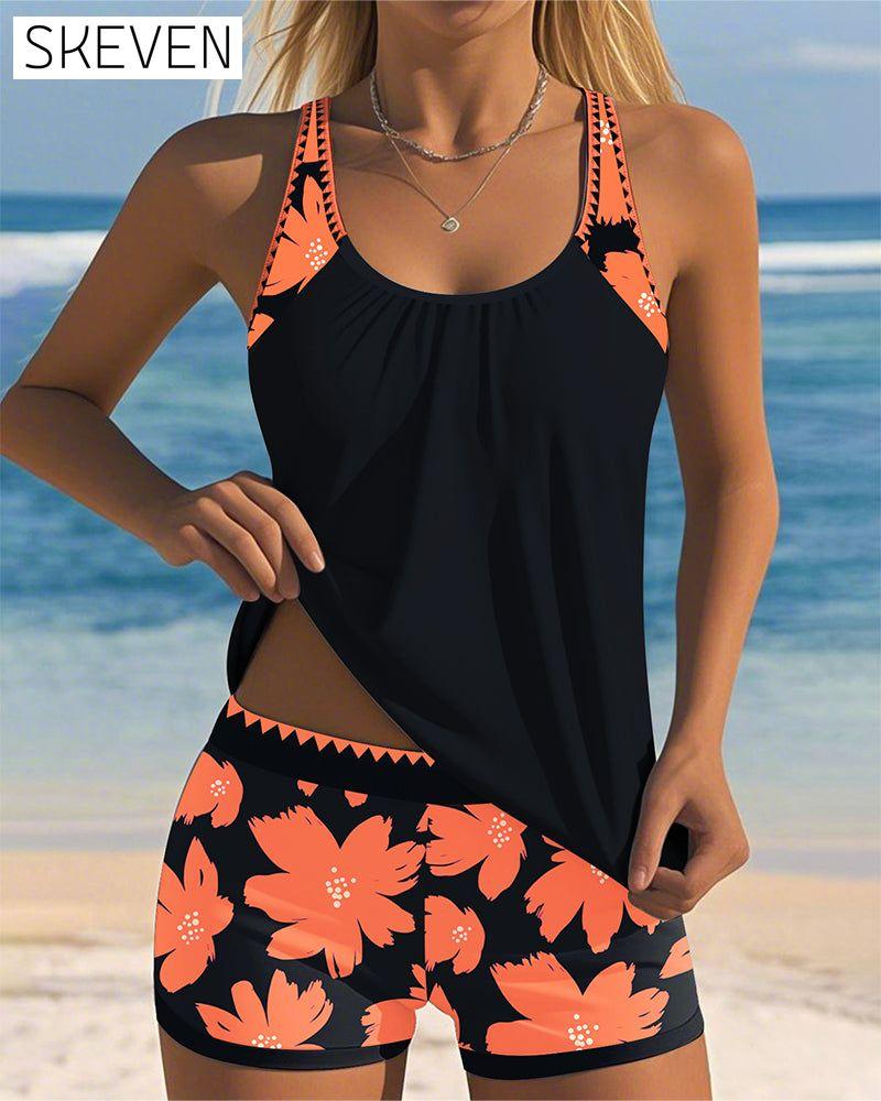 U-Neck Sleeveless Printed Boxer Tankini