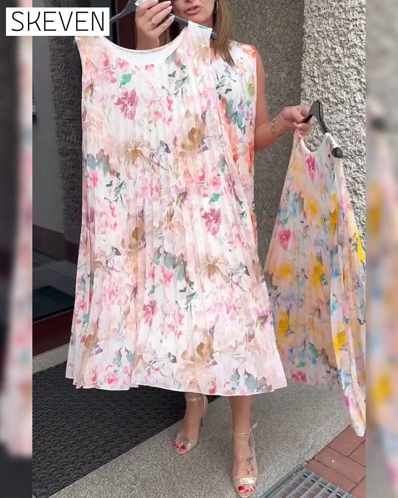 Sleeveless Pleated Floral Dress