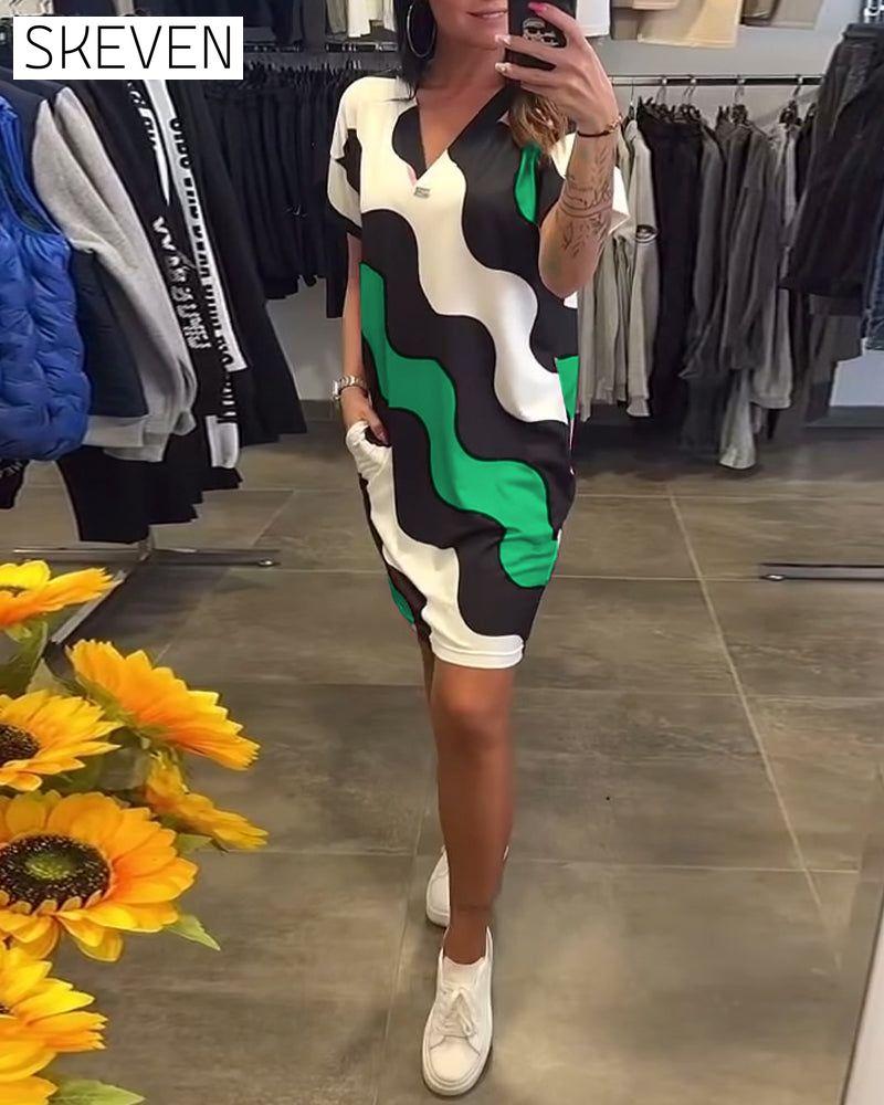 V-Neck Wave Print Dress