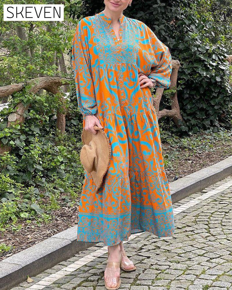 Hochwertiges bedrucktes, lässiges langes Kleid