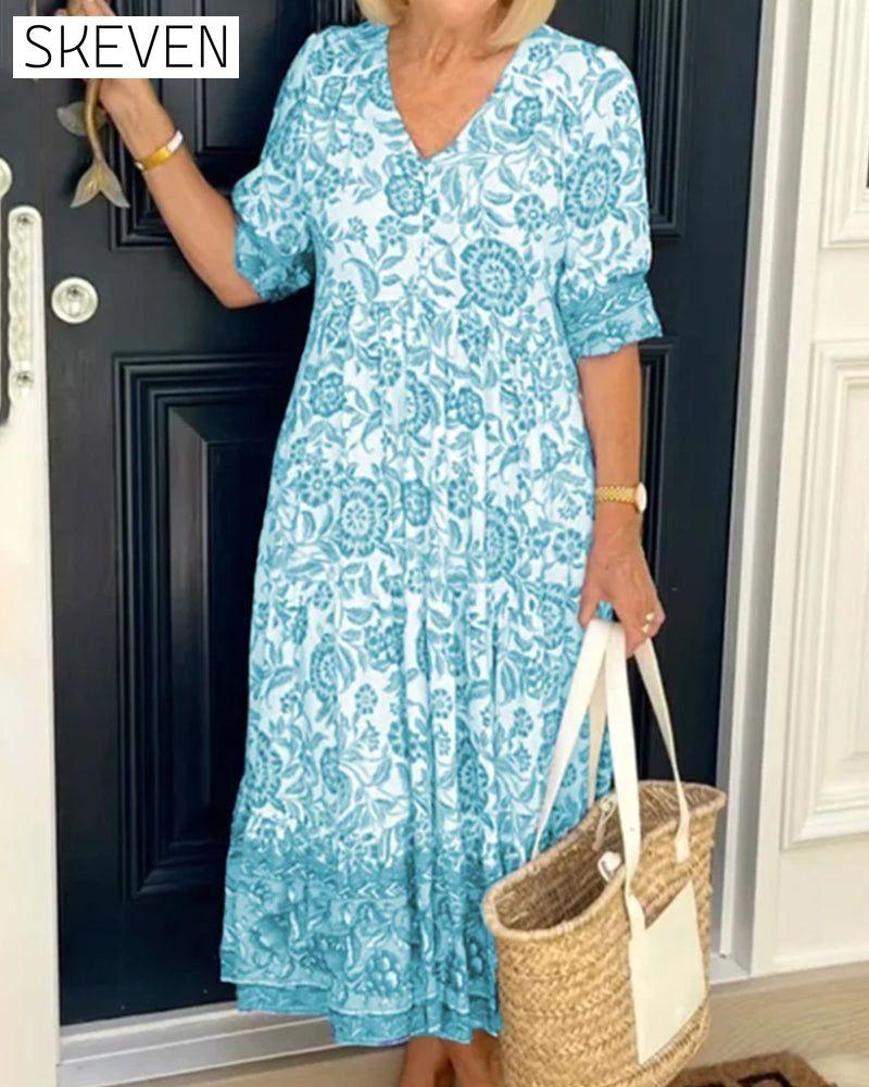V Neck Blue Floral Print Dress Sky blue 23BF Casual Dresses clothes dresses Spring Summer