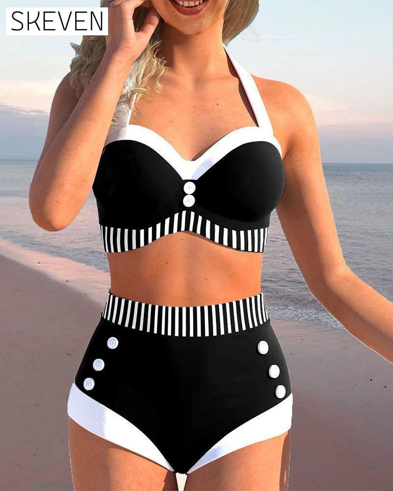 Color Block Halter Bikini Black 23BF Bikinis Clothes SALE Summer Swimwear