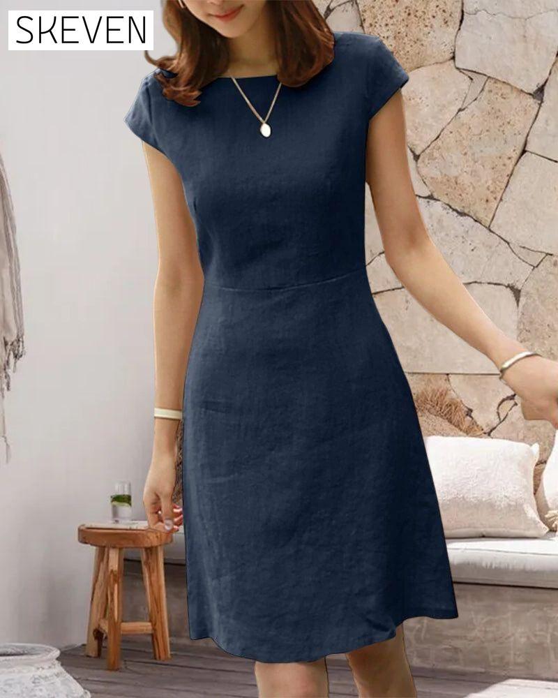 Cotton and linen solid color short-sleeved dress 23BF Casual Dresses Clothes Cotton and Linen Dresses Summer