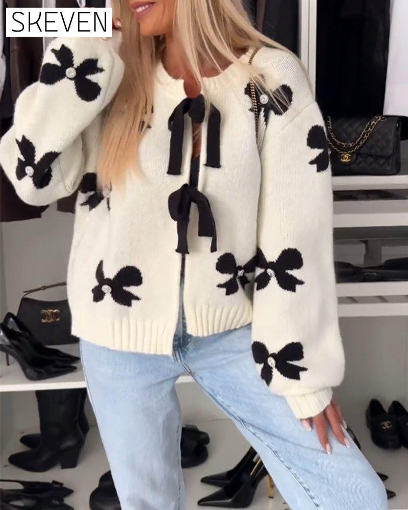 Bow beaded lace-up cardigan