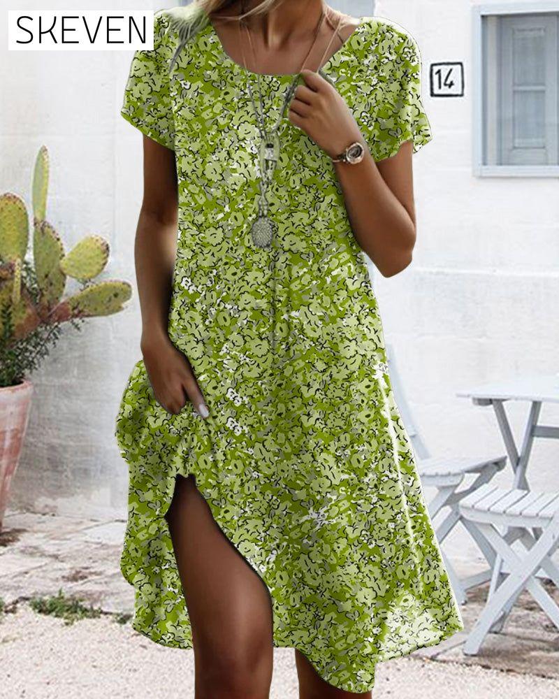 Kleid mit Rundhalsausschnitt, kurzen Ärmeln und Blumenmuster